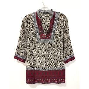 THML - Women's Relaxed Fit, Boho, Mixed Media, 3/4 Sleeve, V-Neck Tunic (XS)